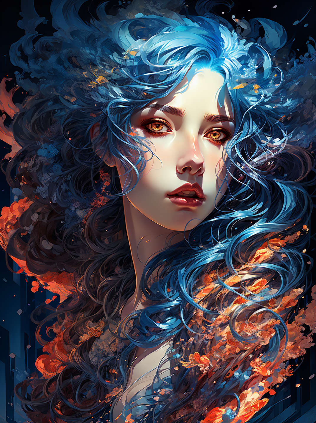 04220-1741763734-1girl,solo,blue hair,long hair,parted lips,looking at viewer,lips,brown eyes,artist name,portrait,upper body,nose,floating hair,.png